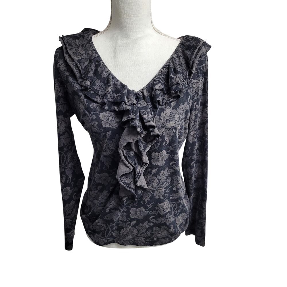 LRL Ralph Lauren V neck ruffle floral romantic top Victorian romantic cotton